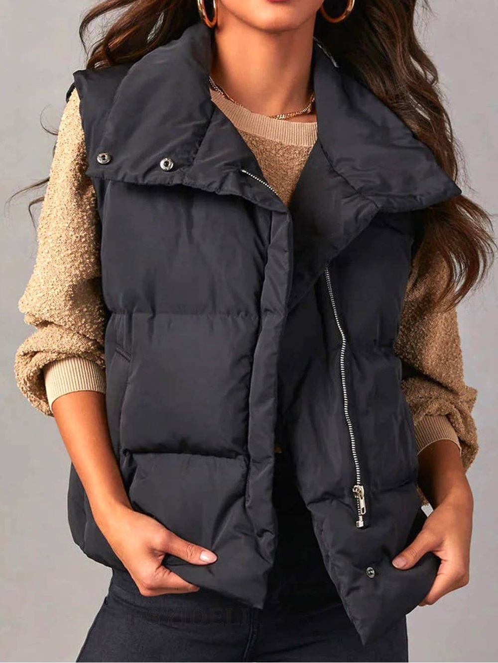 Lapel Zipper Puffer Jacket Vest: Black